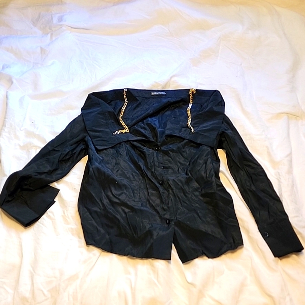 Womens L Black, Chain Straps, Off The Shoulder, Button Down Blouse SHEIN